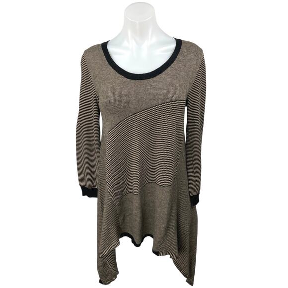 Max Studio Brown Black Striped Knit Long Sleeve Asymmetric Mini Sweater Dress S - Picture 1 of 4